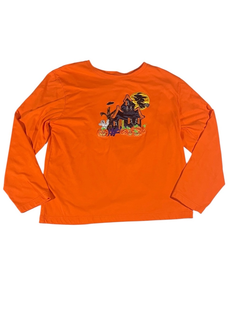 Y2K Bobbie Brooks Shirt Medium Orange Embroidered Witch Ghost Halloween Boho Vtg